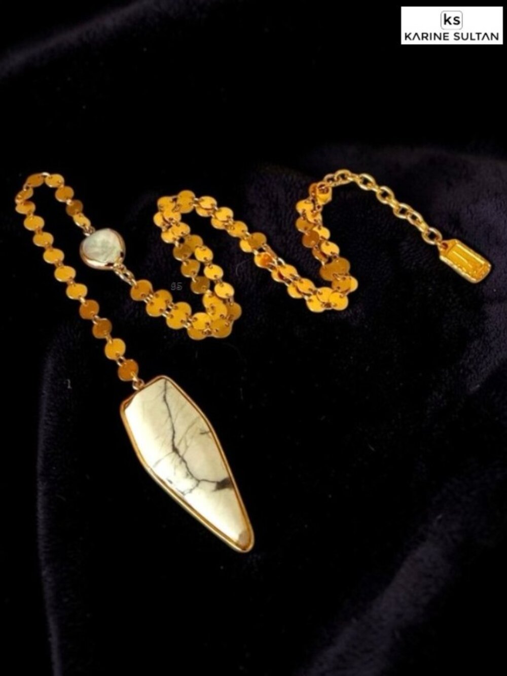 KARINE SULTAN Gold Mini‑Coin Lariat Necklace, MOP & Natural Stone Pendant - NWOT